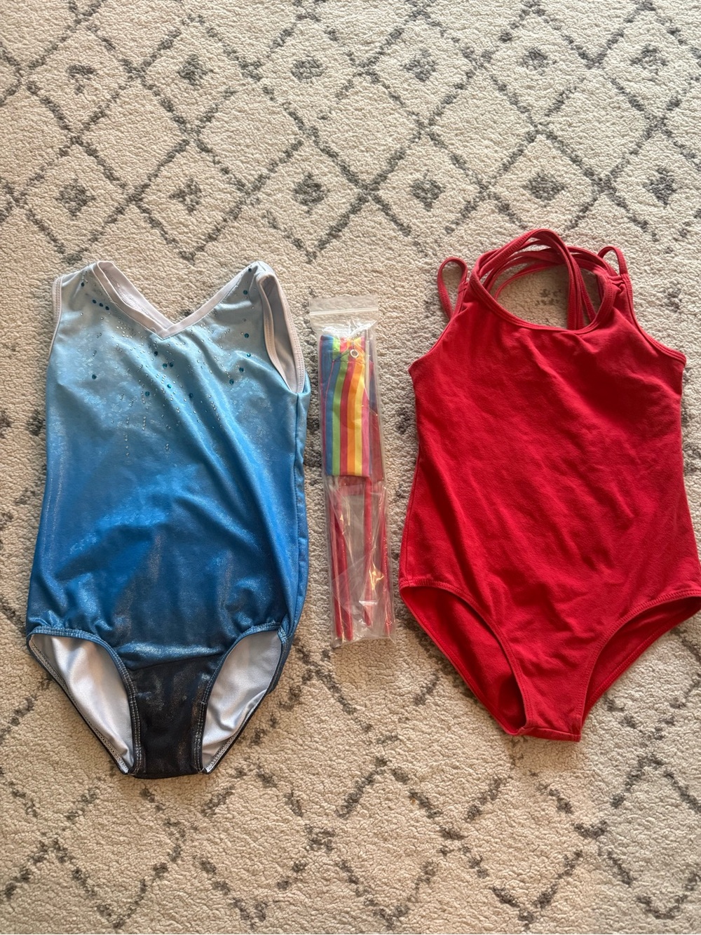 Blue leotard leotard, red leotard & 4 rhythmic gymnastics ribbons